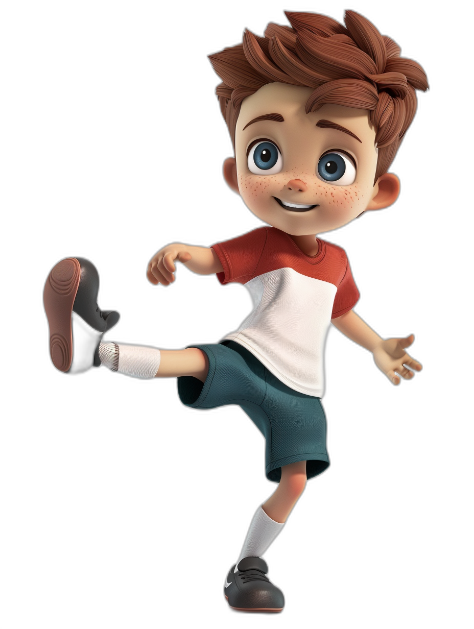 A cute boy is playing football in the style of Disney, as a cartoon character with a black background. The full body illustration is high resolution, with high details and high quality. It is a 3D render with octane rendering and in the style of Pixar animation. The 2D illustration shows the boy with white tshirt and blue shorts and red shoes, brown hair with fringe, white socks, and a smiling face with big eyes.