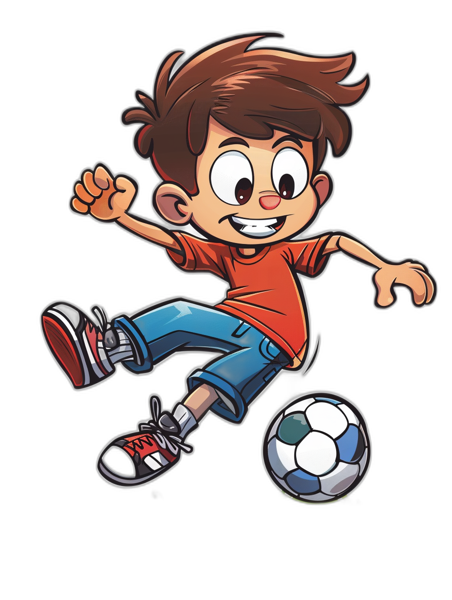 A cartoon boy playing soccer, vector illustration style with black background. The character is dressed in red tshirt and blue shorts, kicking the ball while smiling. He has brown hair and eyes, wearing sneakers on his feet. A football flies towards him, ready to be captured by one of its legs. It’s a lively scene filled with energy and excitement., focus on face