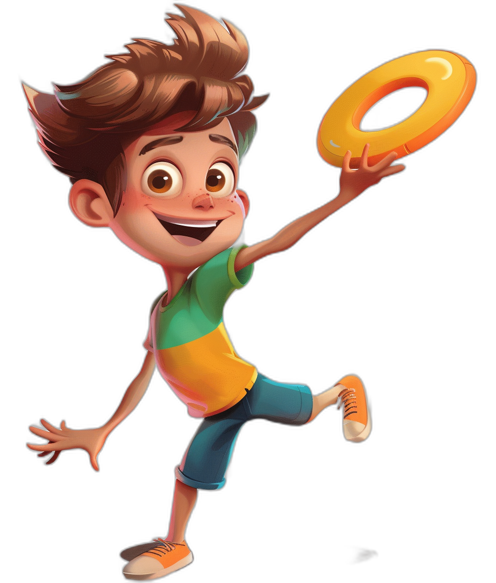 A young boy is playing frisbee. He has brown hair and is wearing shorts with blue shoes. His shirt is green, yellow, orange, and white. The character should be drawn in the style of Pixar on a black background. Cartoon character concept art holding up an O-shaped ring.