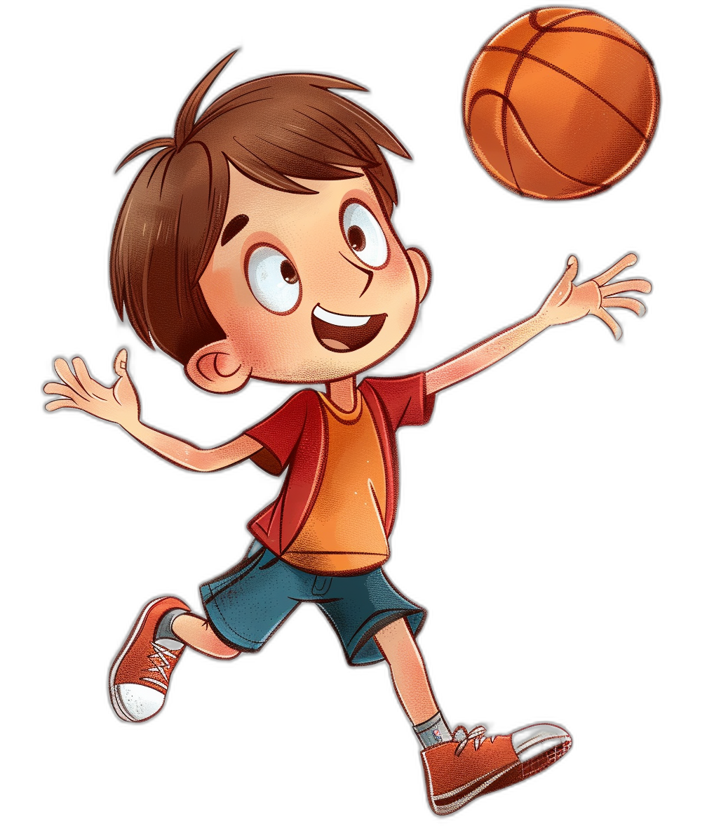 A cute cartoon boy playing basketball, with a simple drawing style on a black background. He has colorful , short brown hair, and red shoes. The boy holds a flying basketball with a happy expression. The cartoon illustration uses simple lines and bright colors to depict lively movements. It is in the style of Pixar, with children’s book illustrations and character design resembling 2D game art. The image is high resolution.