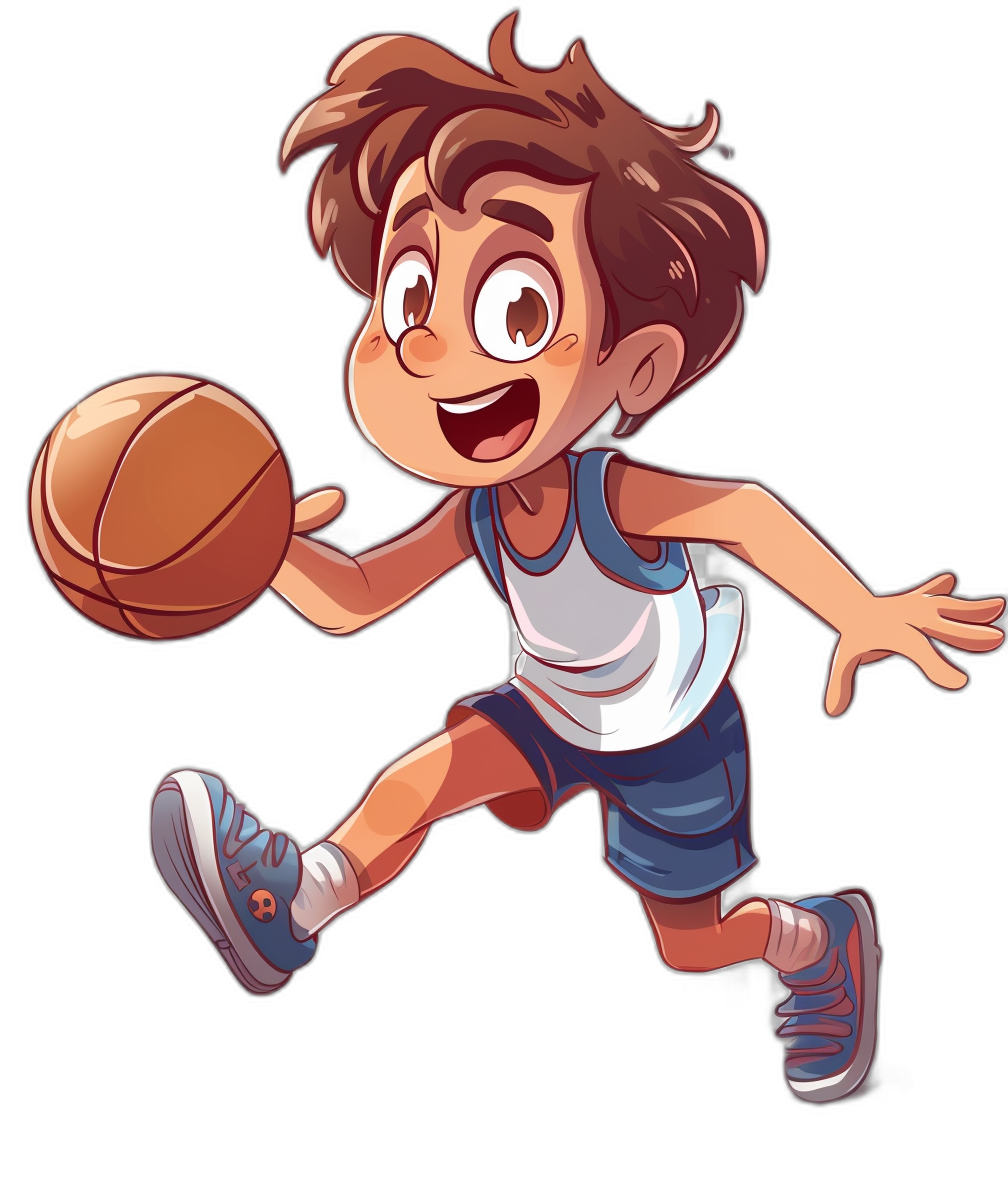 A cute cartoon boy playing basketball in a vector illustration style on a black background with simple lines and high quality. He has a cute and lively expression while wearing sports shorts with a white top and blue shoes, holding the ball in his hand ready to shoot. He has short brown hair, big eyes, and a smiling face while wearing colorful  in the style of a colorful scene as a full body portrait.