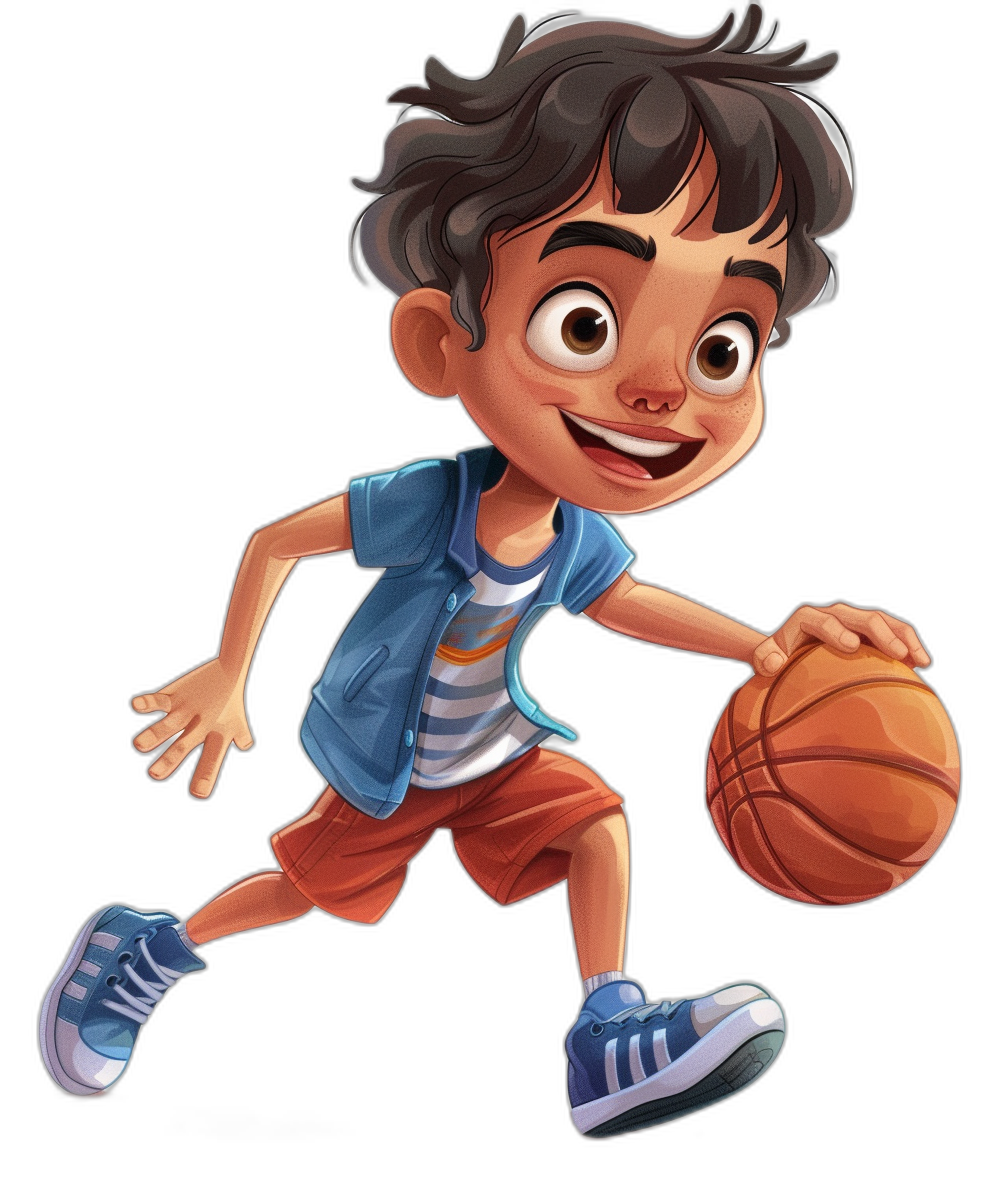 cartoon character of a young indian boy playing basketball, happy expression, wearing a blue and white shirt with orange shorts, cartoon style, on a black background, in the style of Pixar artstyle