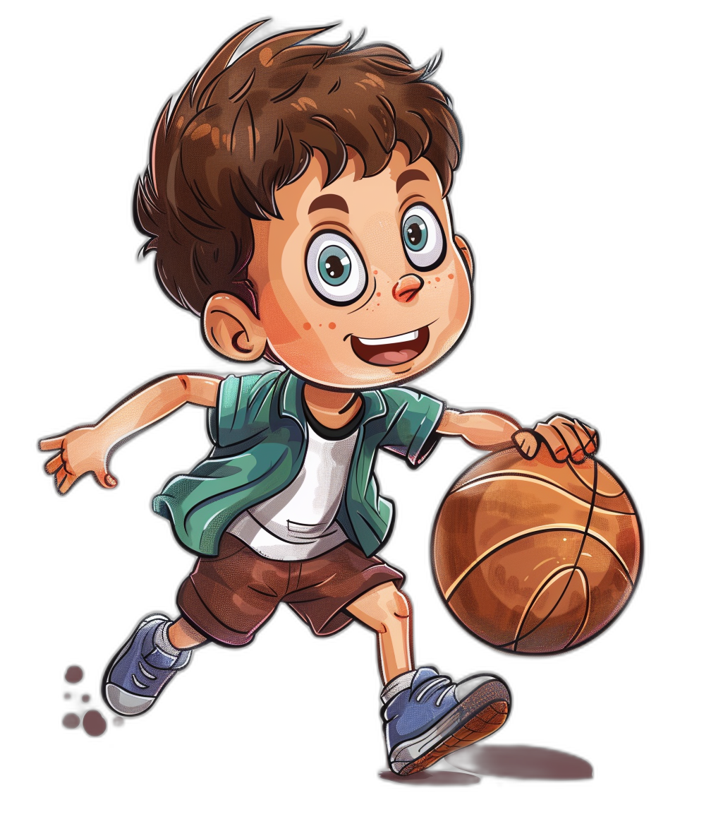 A cute cartoon boy playing basketball, vector illustration with black background, cute face, happy expression, brown hair and blue eyes, wearing a green shirt and white T-shirt, short dark red shorts and sneakers, dribbling the ball in midair, colorful  details on his , in the style of a cartoon.