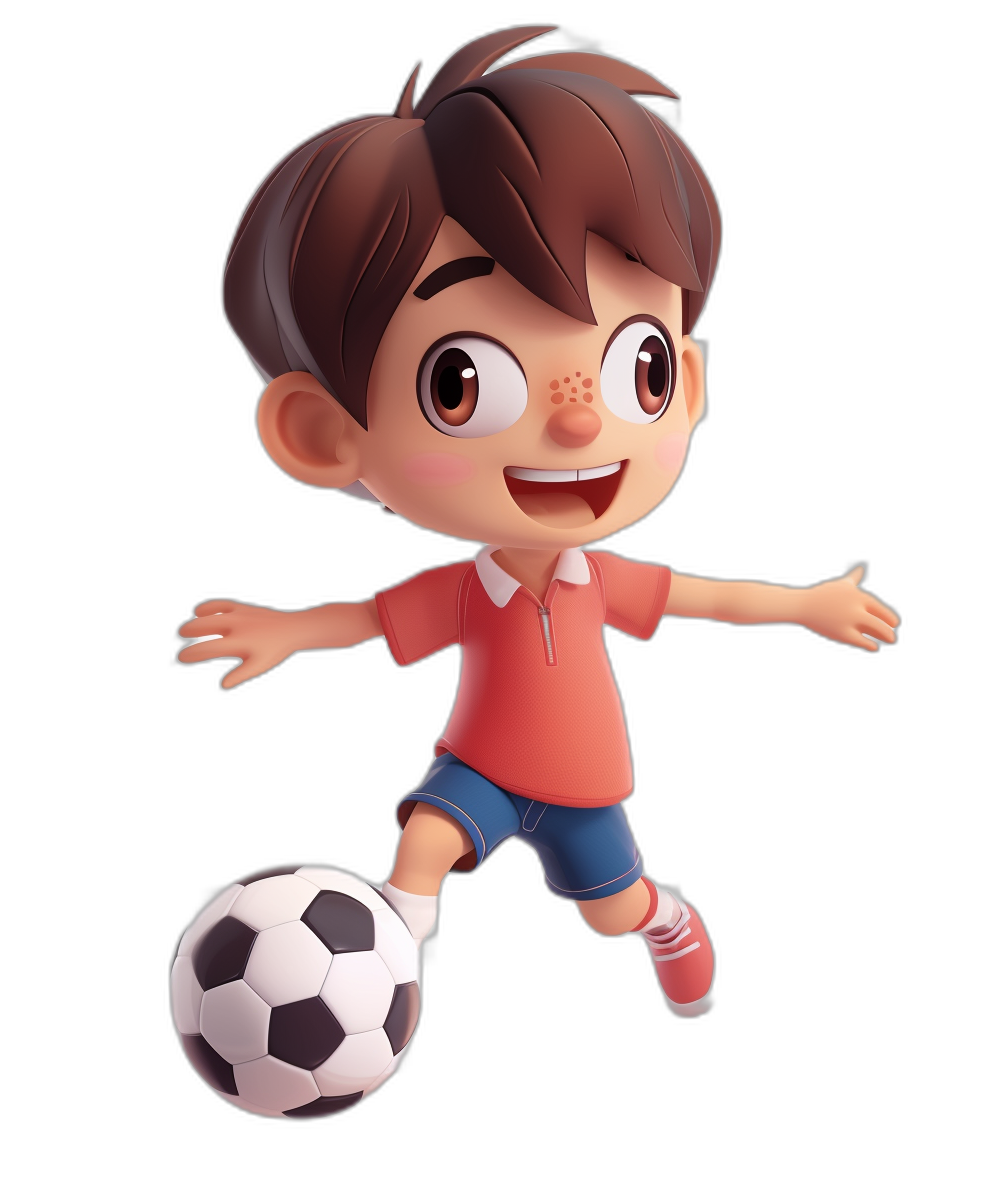 A cute boy is playing football, wearing red short sleeves and blue shorts with black hair and brown eyes, smiling happily. The illustration is in the style of Disney with a simple chibi character design on a black background. It is a front view, full body shot with 3D rendering in a cartoon style. The overall color scheme of the illustration should be bright and lively, with soft lighting to highlight details.