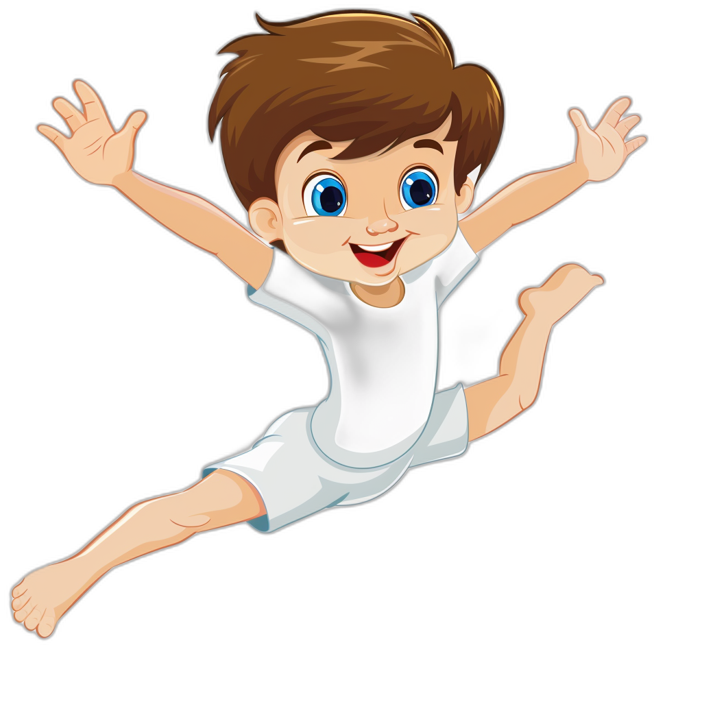 a cartoon of an adorable boy in white tshirt and shorts, brown hair with blue eyes jumping for joy on black background