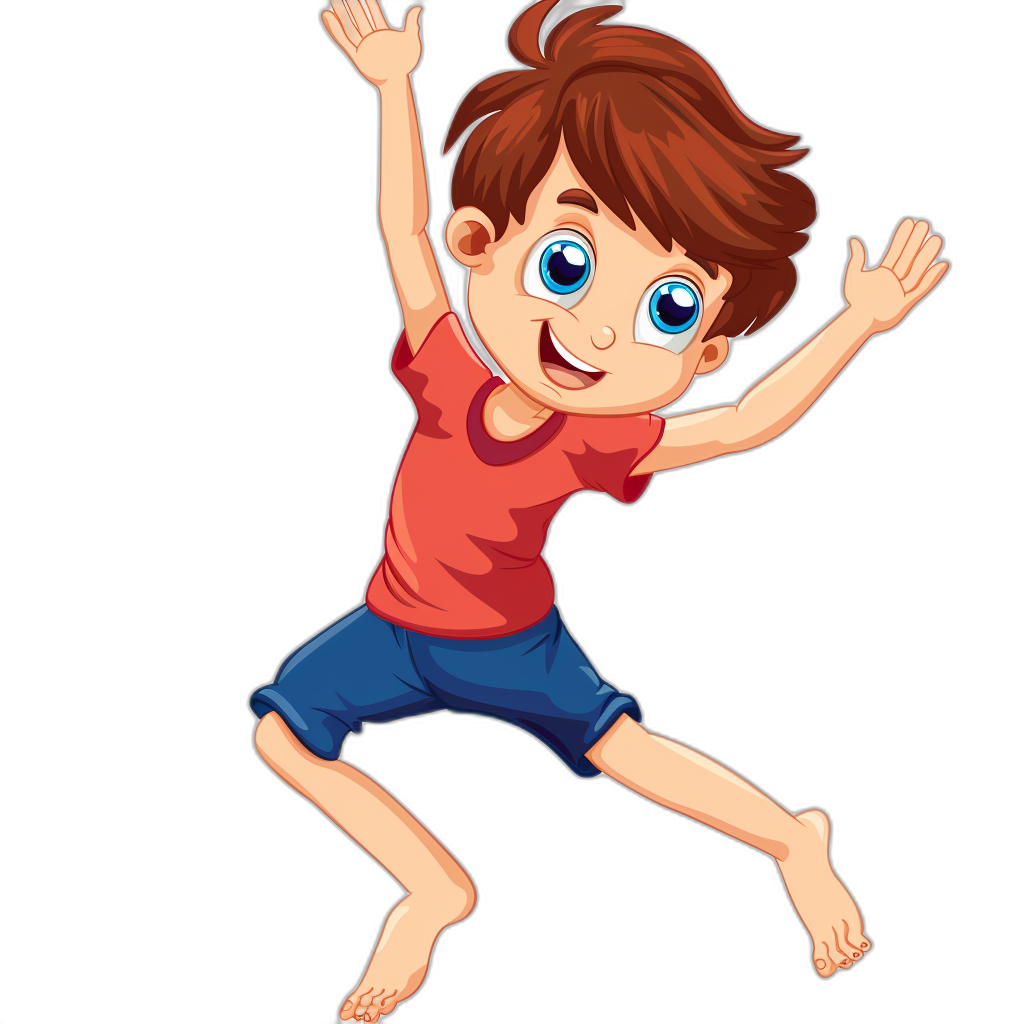 vector cartoon of boy, brown hair and blue eyes jumping in the air with his hands up, wearing red tshirt and dark shorts, clip art style, isolated on black background, high resolution vector illustration,