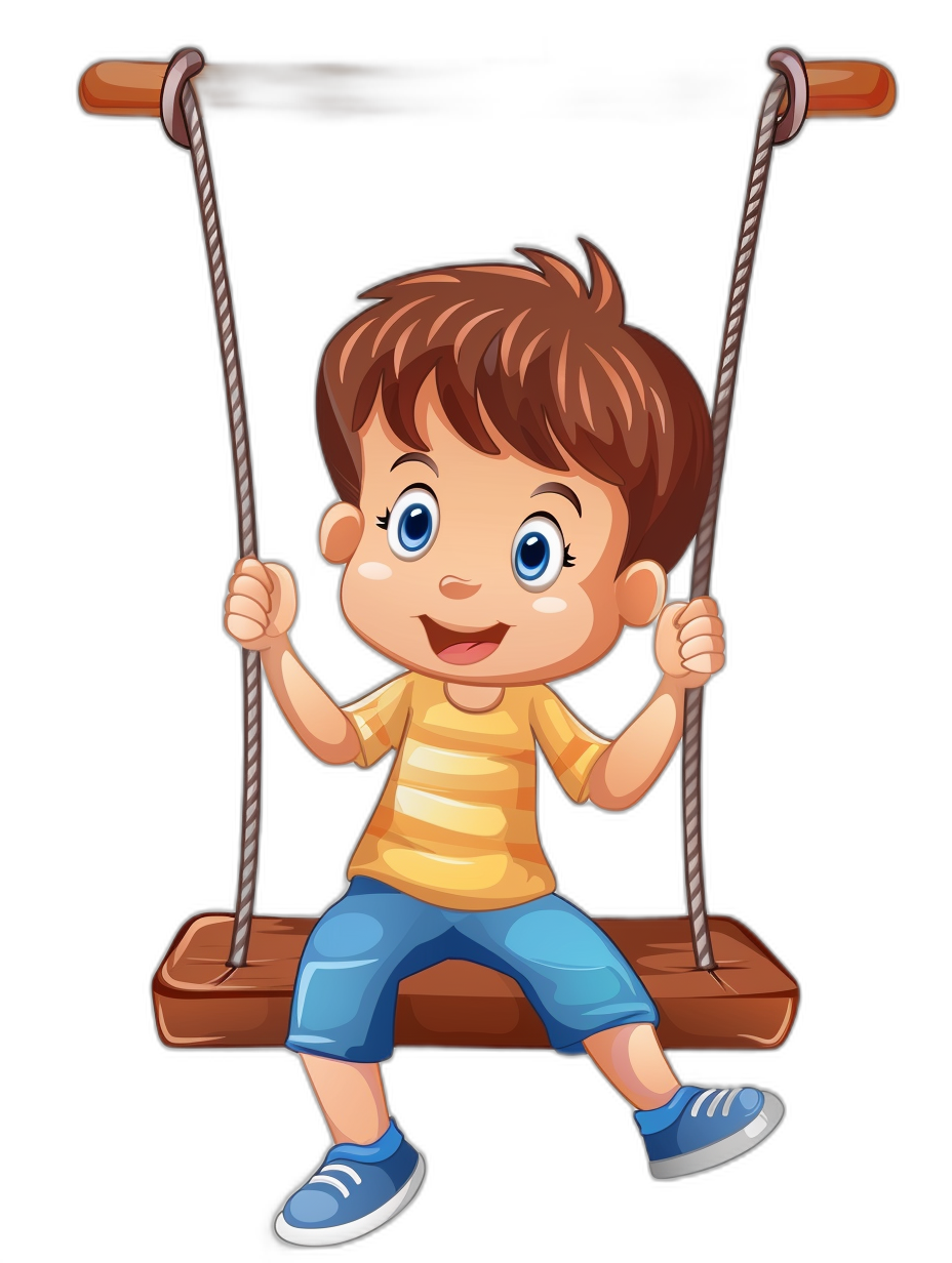 A cute cartoon boy is sitting on the swing, happy expression, simple vector illustration with black background, high resolution and super clear details.,