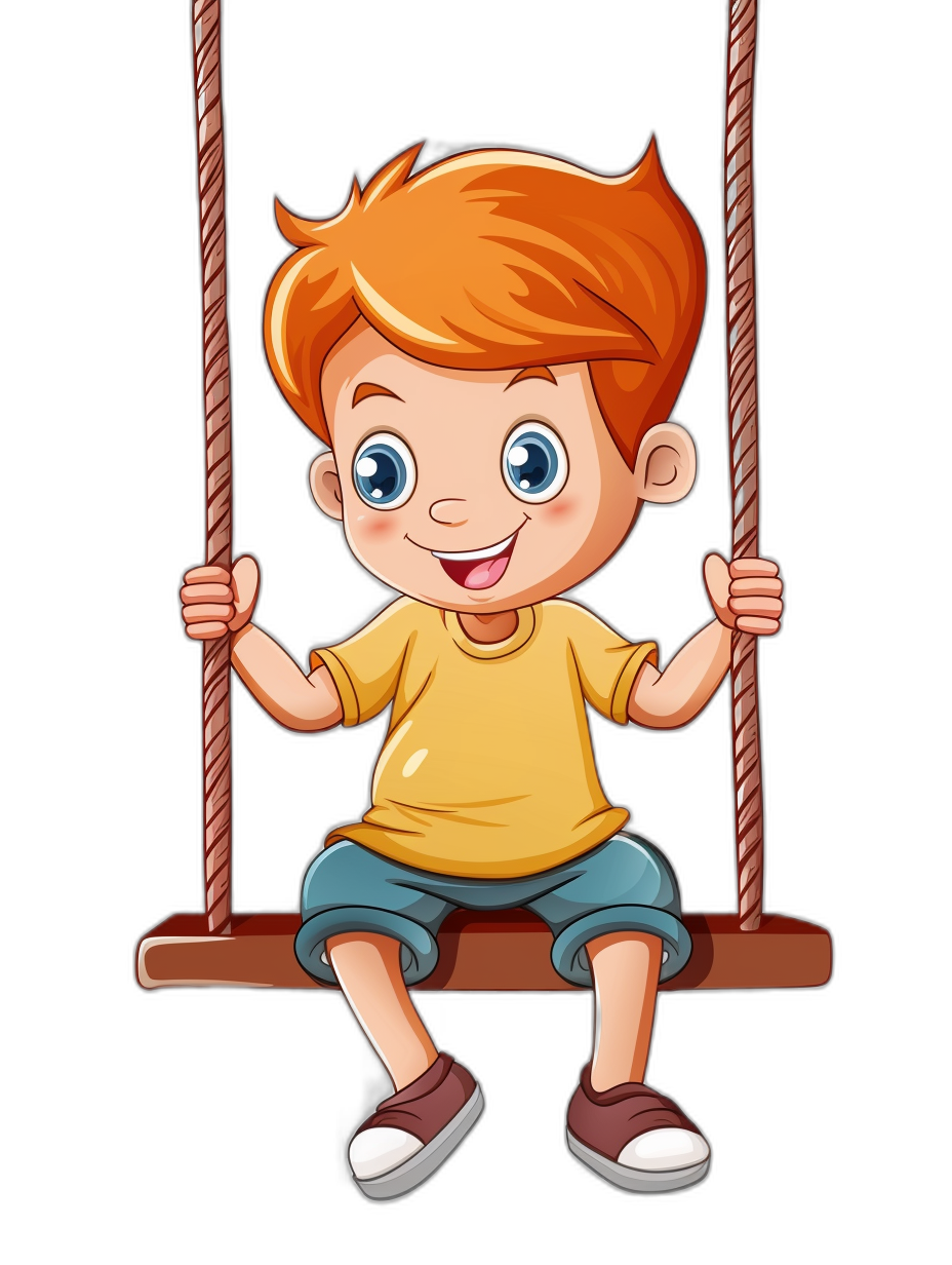 A cute cartoon style illustration of an adorable little boy with ginger hair and blue eyes sitting on the swing against an isolated black background, in a clipart design.