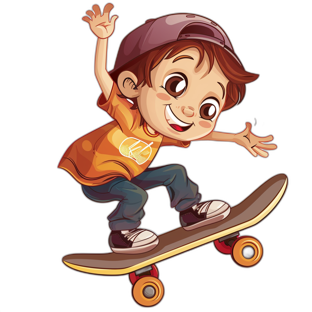 a cartoon of happy boy on skateboard, clip art style with black background