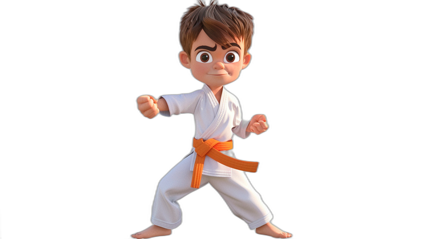 3D character, young boy with brown hair in a white karate outfit doing a karate pose, full body shot, black background, in the style of Disney Pixar.