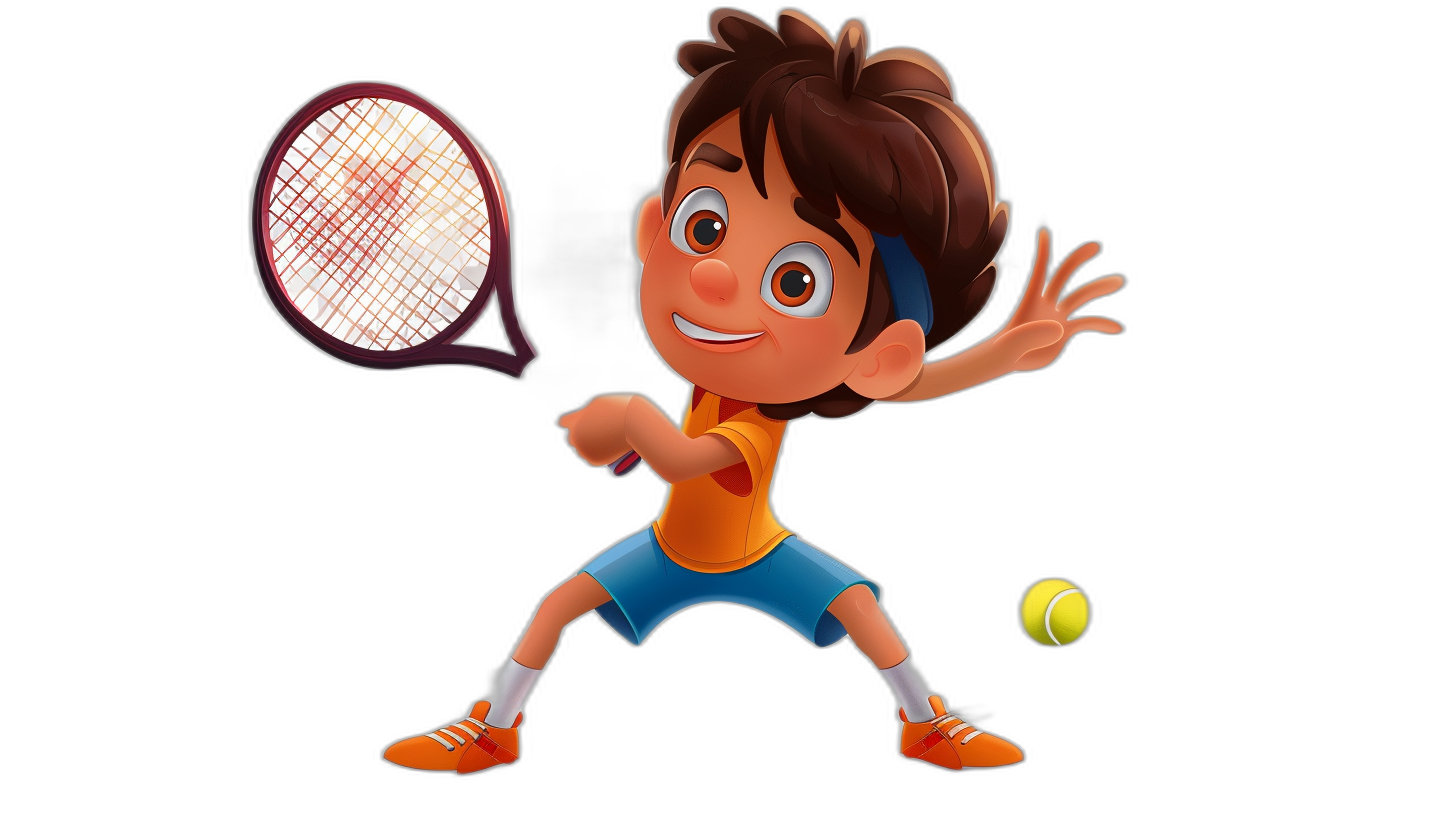 A boy playing tennis, holding the racket in his right hand and hitting the ball with it. He has brown hair and is wearing an orange t-shirt under blue shorts. The background is black in color. The style is that of Pixar animation and 3D rendering.