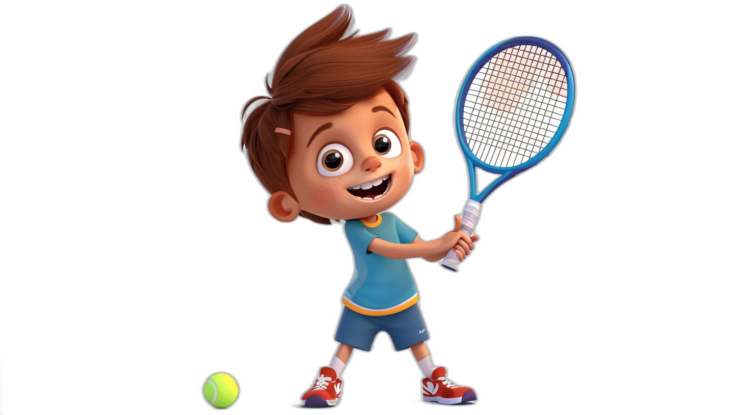 A cute little boy playing tennis, with brown hair and a blue shirt with white shorts, holding the racket in his right hand with two fingers on it, in the style of a cartoon character design sheet, in the style of 3D Disney Pixar animation, on a black background.