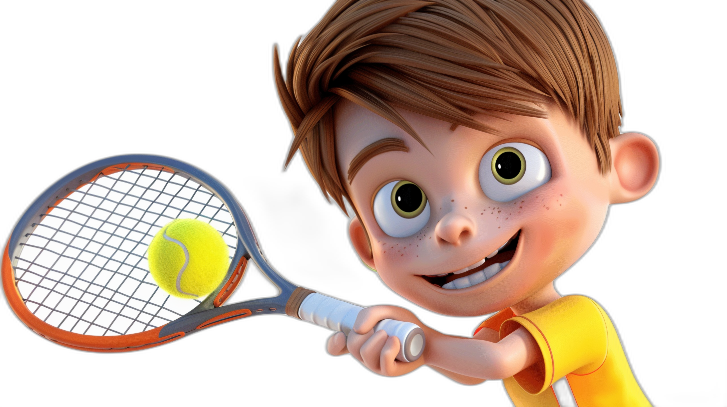 3D cartoon, happy boy playing tennis, in the style of Pixar, adorable eyes, lovely, matte finishing, studio light, black background, high definition, fine details, hyper realistic, cinematic lighting