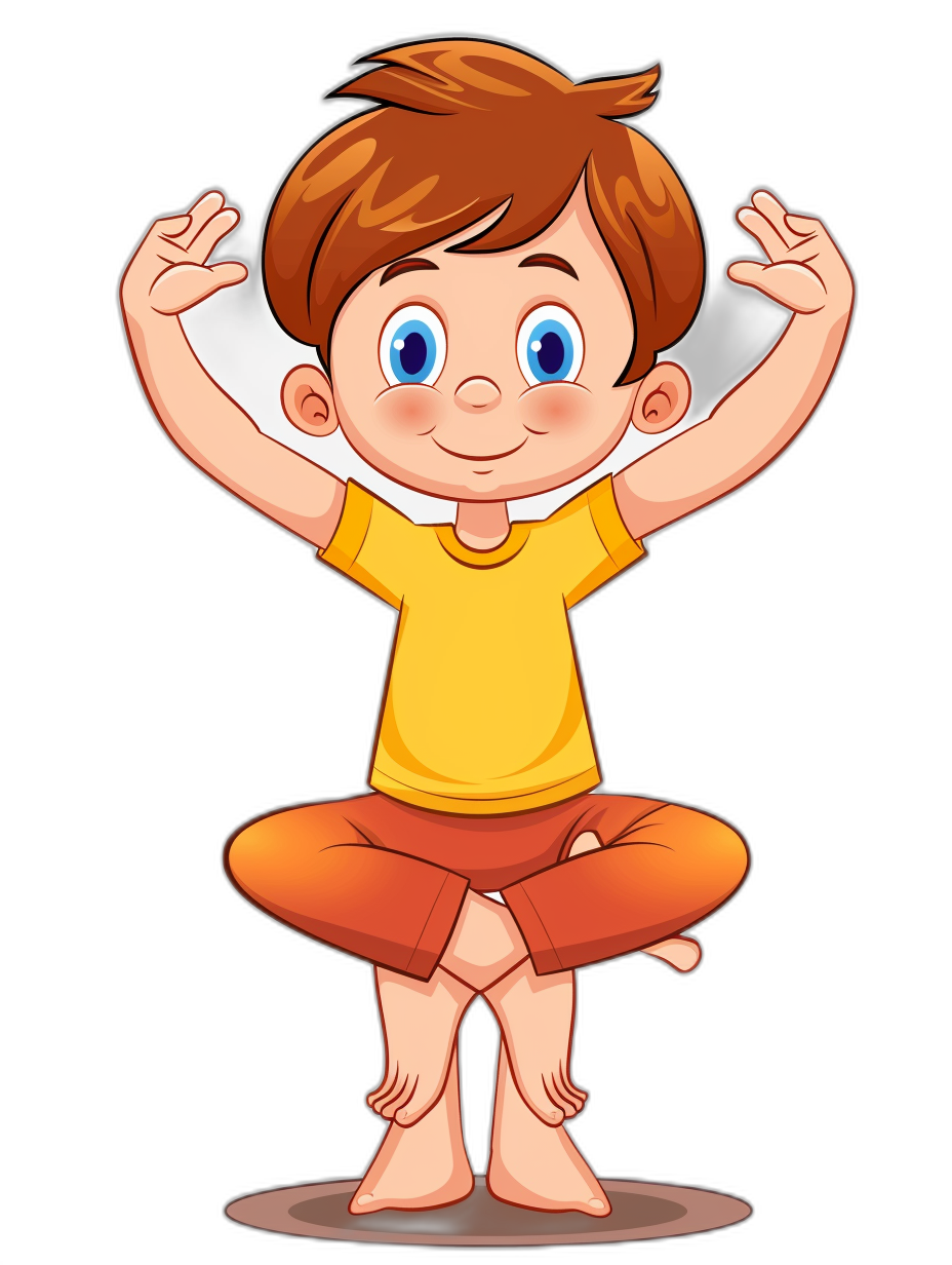 A cute cartoon boy doing yoga, vector illustration with black background. He is wearing yellow tshirt and orange pants. The little girl has short brown hair, blue eyes, smiling face expression, holding her hands up in the air while sitting on his knees. She looks happy and peaceful. Vector Illustration style. Isolated object on white background.