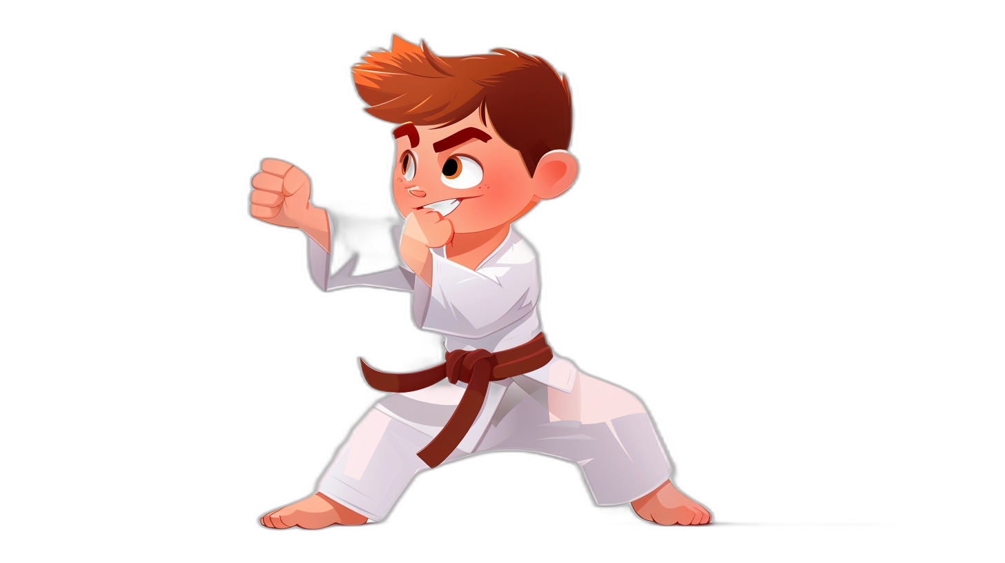 A young boy with brown hair and wearing white karate pants is doing an Urant extreme kick, he has his right hand in front of him at the level of chest making ready to do the kicking. He wears red belt around waist. Cartoon style, vector illustration for kids book by Pixar animation studio, high contrast colors, flat black background, high resolution digital art on canvas