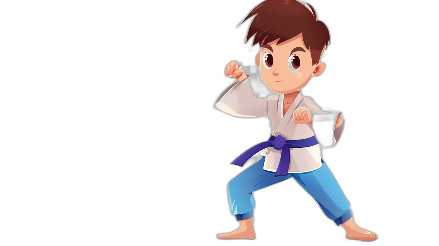 A cute boy in a karate outfit doing martial arts in the cartoon style with a black background. The character is wearing blue pants and a white shirt tied at the waist. He has brown hair and eyes. A dark purple belt around his chest. He is holding two katanas ready to fight. The design is in the cartoon style with flat colors and simple shapes. It has high resolution and quality.