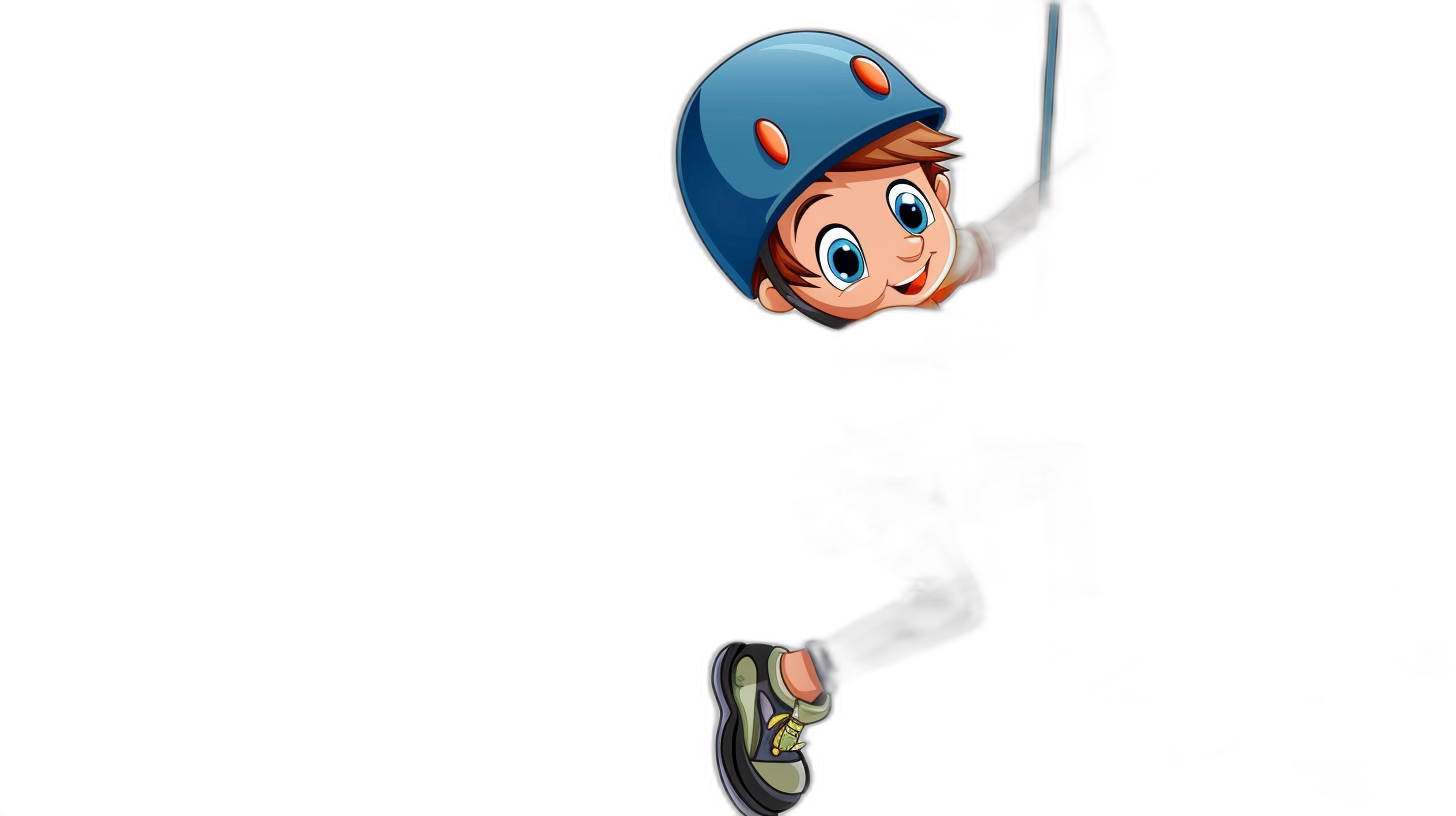 A cartoon boy wearing a blue baseball cap and a grey T-shirt, hanging upside down on the edge of a black screen, smiling with big eyes, white sneakers, dark background, simple style, low detail, no shading, black ground color. The boy is depicted in the style of a minimalist cartoon.