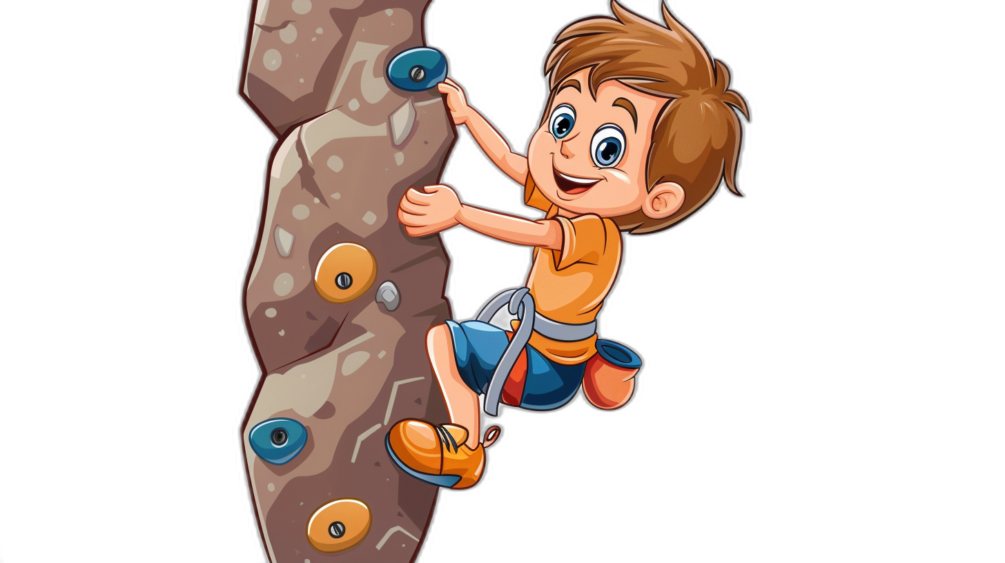 A cartoon boy climbing a rock wall in the style of clip art on a black background.