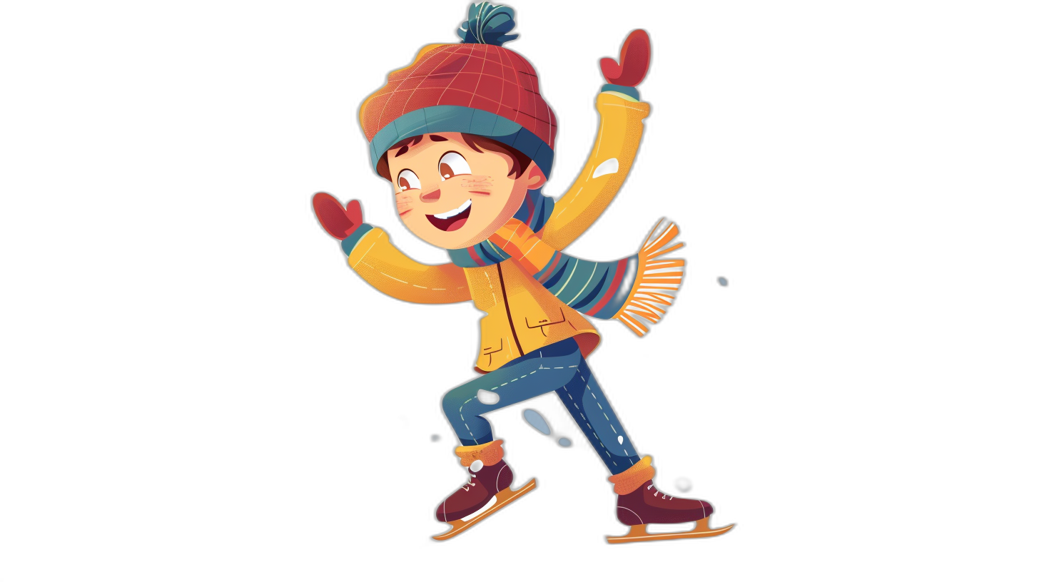 A cartoon character ice skating, wearing winter  and gloves, isolated on a black background with a clipping path. Focus stacking of a cute kid in the style of colorful animation stills, with playful expressions, happycore animated gifs, character caricatures in the style of colorful animation stills, simple backgrounds.