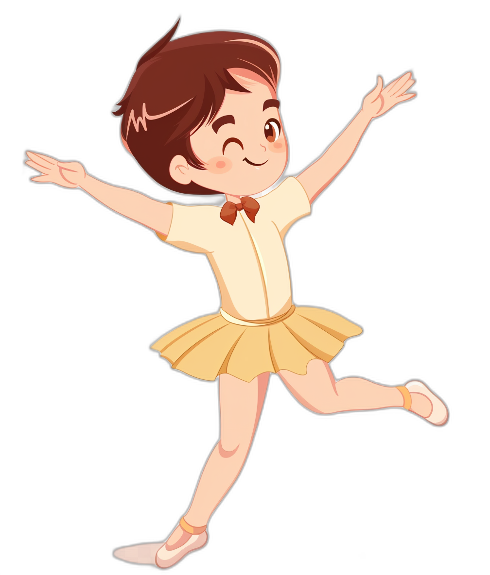 Cute little girl ballet dancer, simple vector illustration in the style of digital art, on black background, full body shot, wearing yellow tutu and red bow tie with short brown hair, smiling and jumping, arms outstretched to both sides, flat color application, simple design, simple colors, cute character, children’s book illustration style