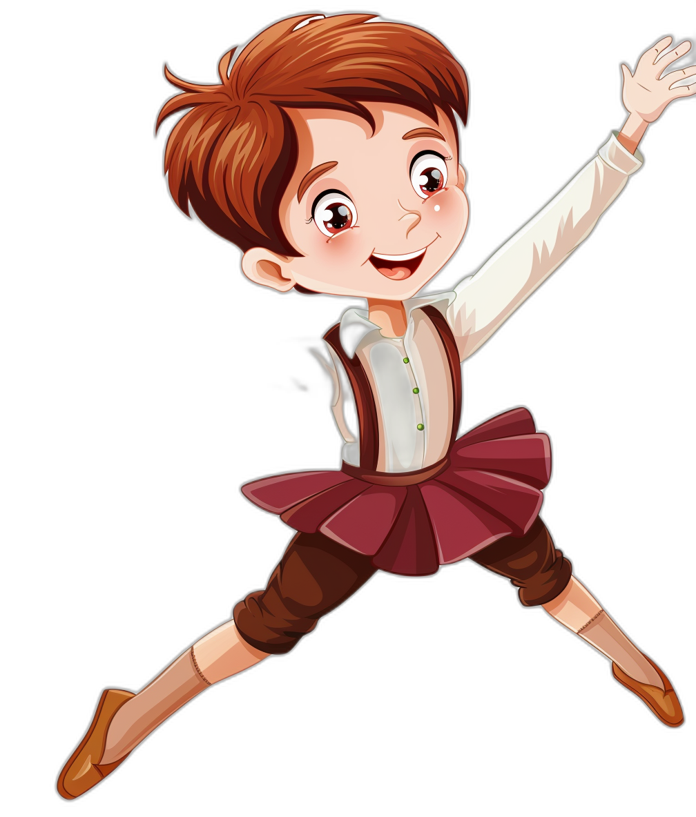 A cute cartoon boy with short brown hair, wearing white long sleeves and a dark red skirt, jumping in a ballet pose in the style of Disney, vector illustration on a black background, high resolution.