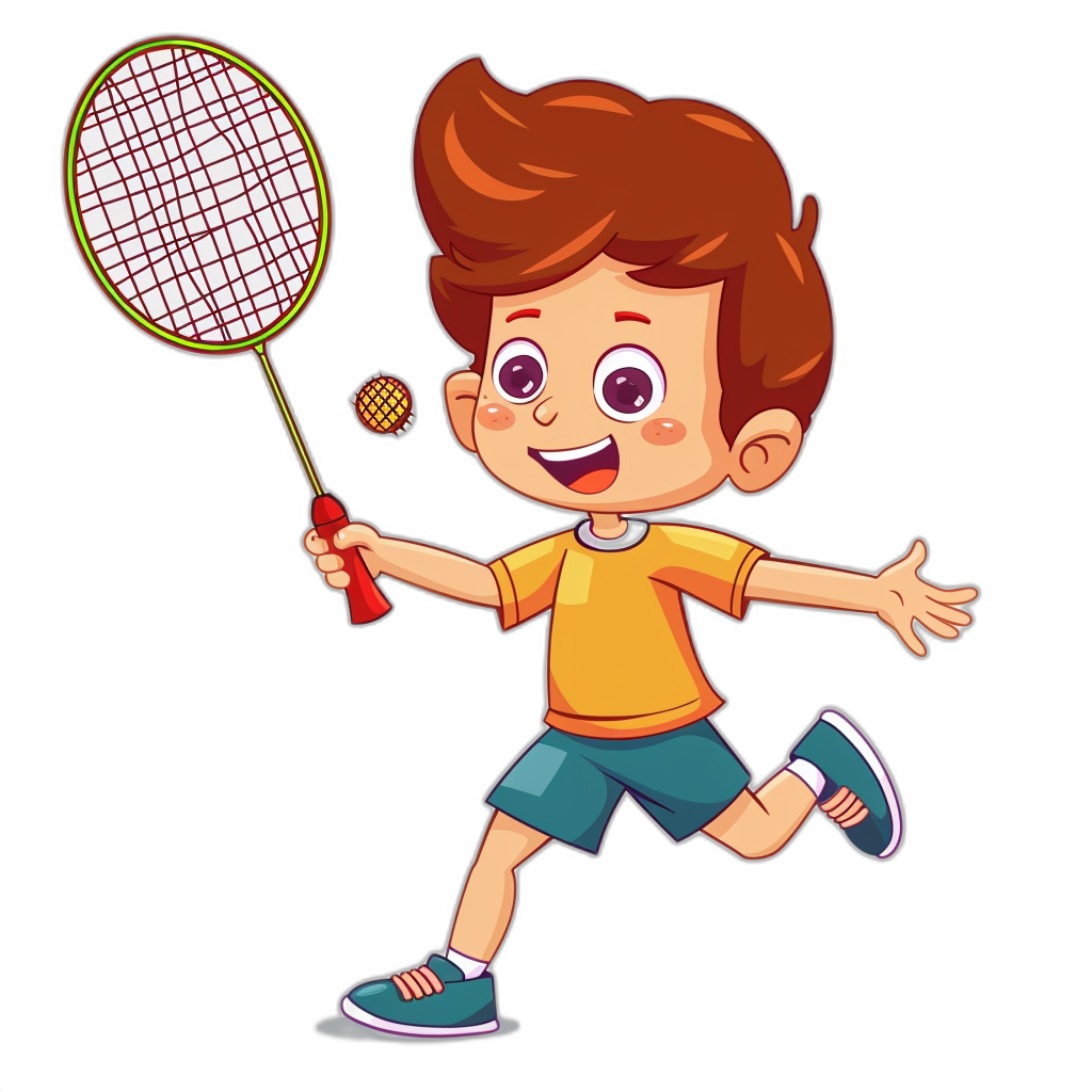 A cute happy boy playing badminton in the style of clip art with a black background.