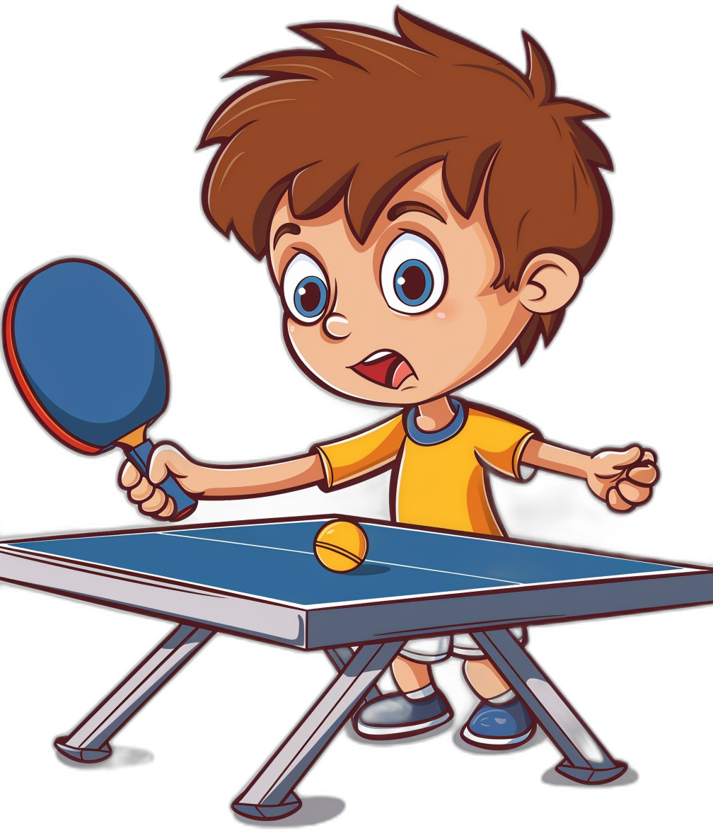 cartoon style kid playing table tennis, vector design, clip art for graphic designers on black background. The image depicts a kid playing table tennis in the style of a vector design clip art for graphic designers on a black background, with minimal editing to correct spelling and grammar errors and remove repeated words or Chinese characters.