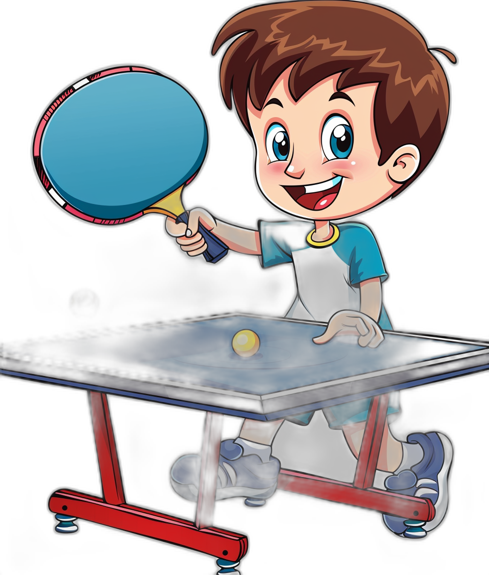 cartoon boy playing table tennis, vector style illustration on black background, clip art for stickers, white outline , cutout design, transparent 3d rendering with cartoon character and cute face, cartoon style, cute kid in blue shoes holding racket and ball above the ping pong table