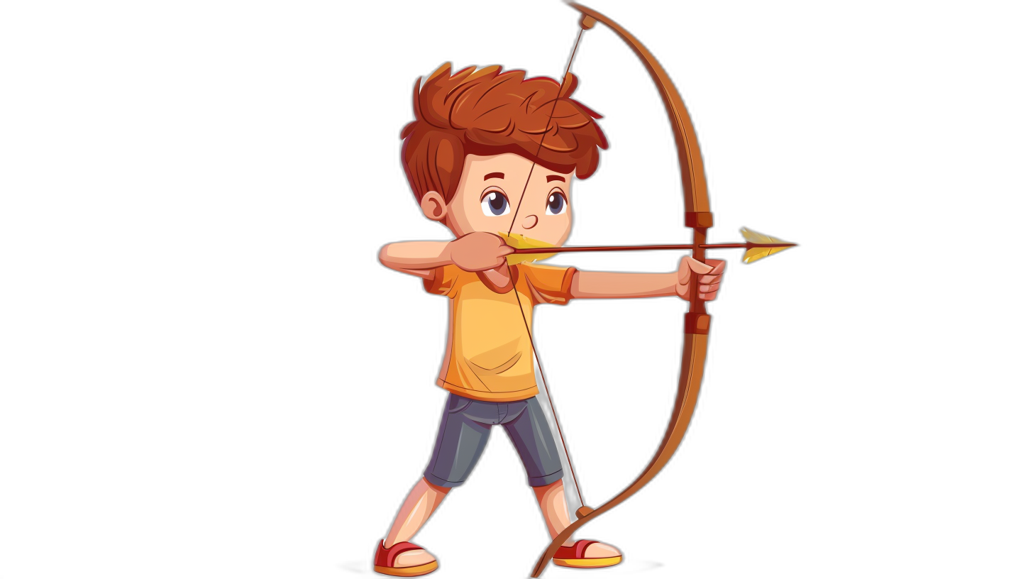 A cartoon character boy shooting with a bow and arrow, full body, black background, in the style of a children’s book illustration, flat color, simple design, simple lines, simple details, cute style, cute cartoon character, simple shapes, vector art, high resolution, high quality, high detail, high definition, in the style of a 3D rendering, full length shot, full body portrait.