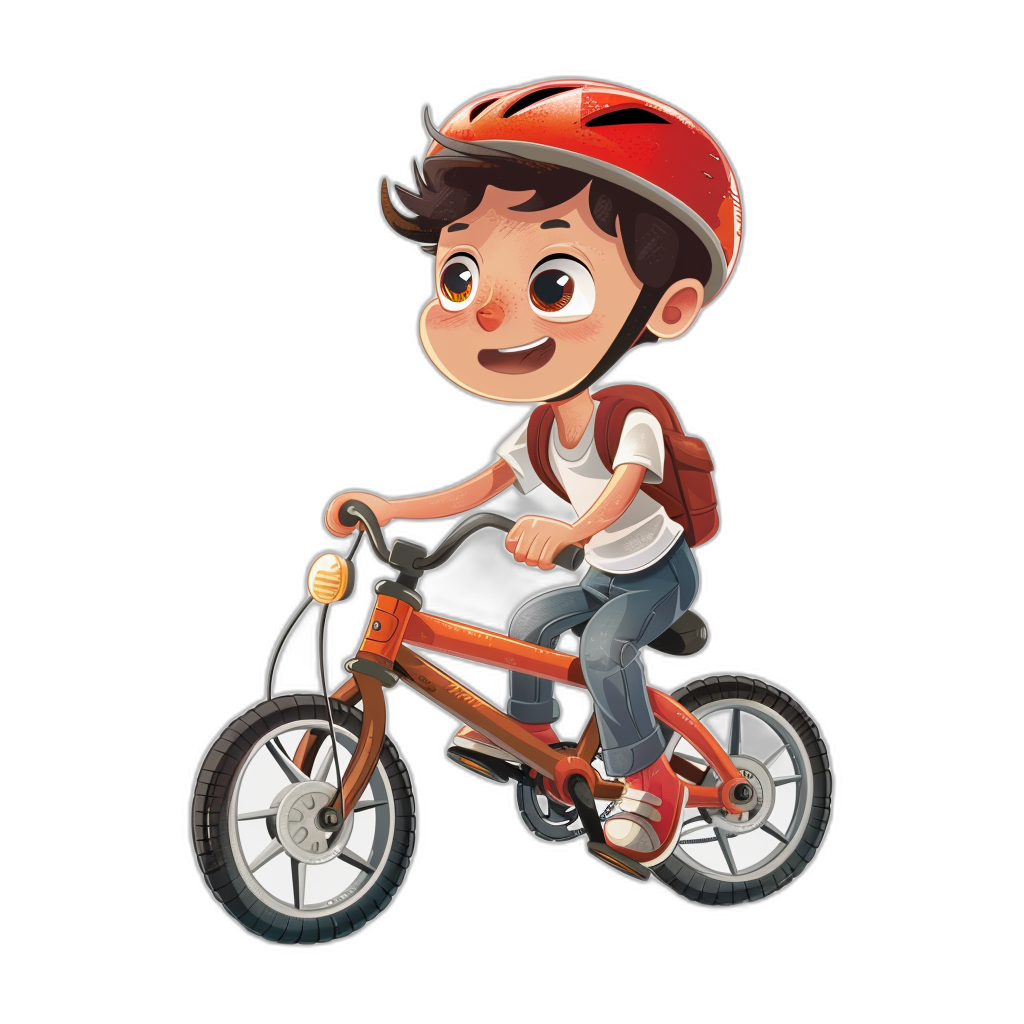 A cute boy is riding an orange bike, wearing a red helmet and a white T-shirt with blue jeans. He has big eyes, a smiling face, short black hair, in the style of Pixar. Black background.