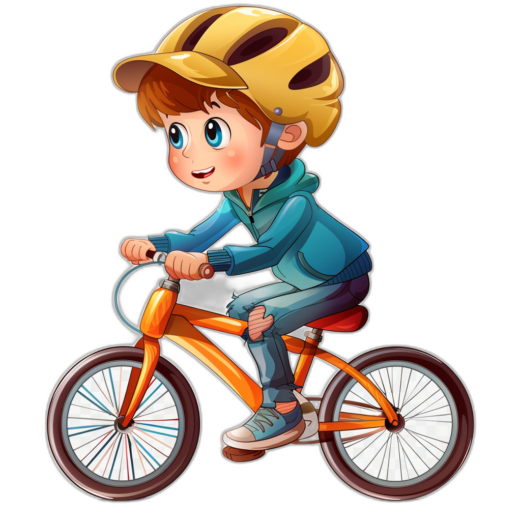 cartoon boy riding bicycle with helmet in the style of clip art, in the style of isolated on black background