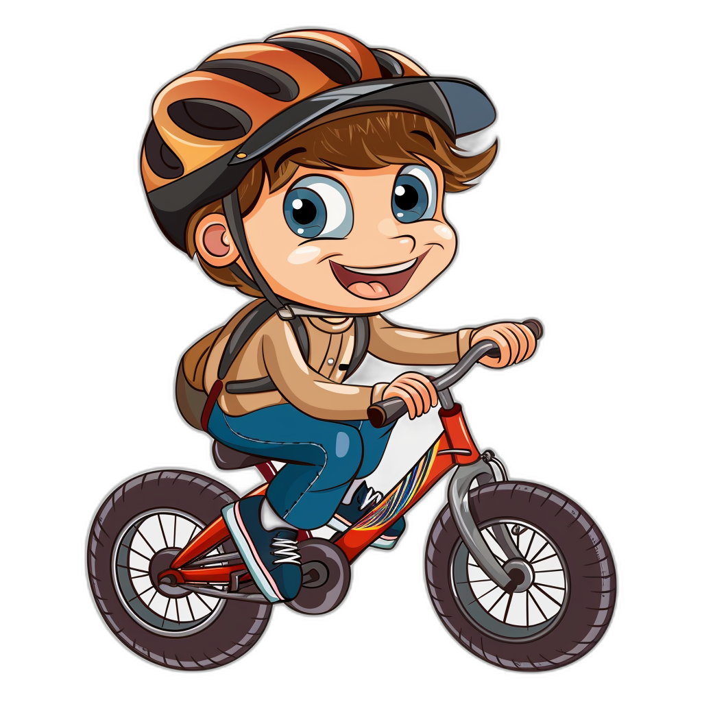 A cute cartoon boy riding bike, vector illustration with black background, colorful, simple design, no shadow details, cute face, helmet on head and big eyes, wearing blue jeans and brown jacket, red bicycle with two wheels, front view angle