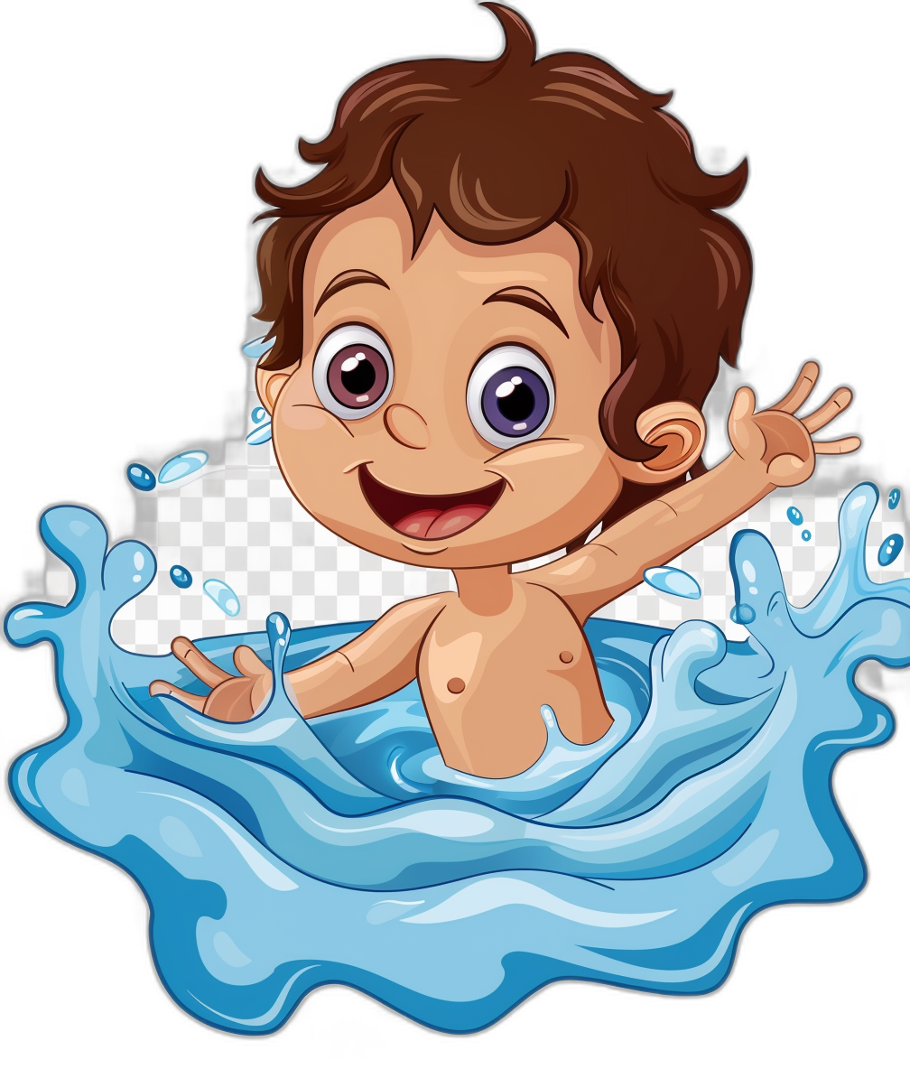 A cartoon baby boy with brown hair, smiling and waving while splashing in blue water isolated on a black background, in the style of a vector illustration clipart. A cartoon sticker vector illustration of the full body baby boy with no shadow on a white background in high resolution detail.