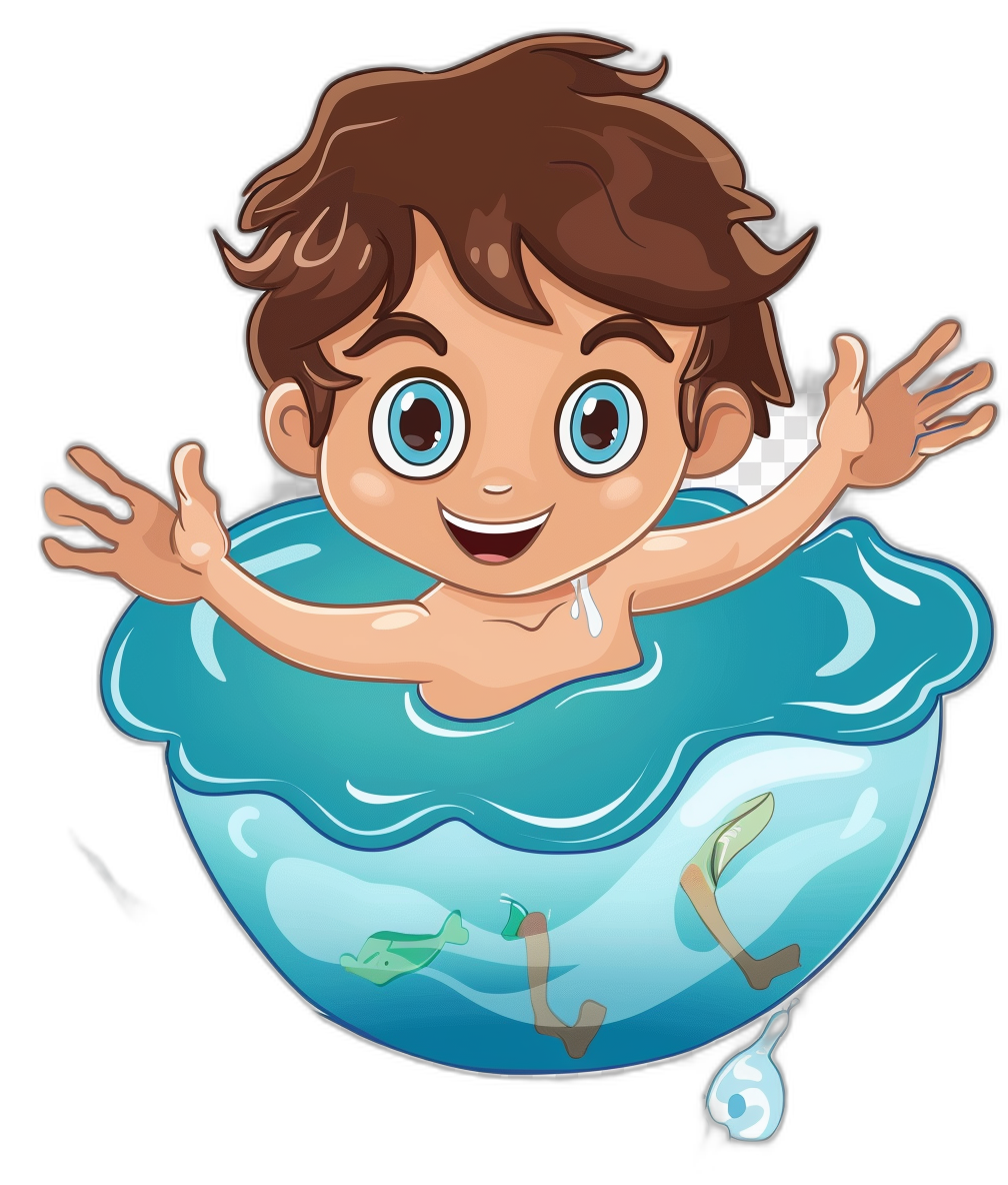 A cartoon sticker of an adorable little boy with brown hair and blue eyes, swimming in the water inside his pool toy bowl on a black background. The child has big expressive sparkling eyes and is smiling joyfully as he playfully glides through the clear blue waters. There are green plastic floating around him. This design captures endearing moments of playful aquatic adventure for young children, isolated on a pastel black background in the style of Cesasos.