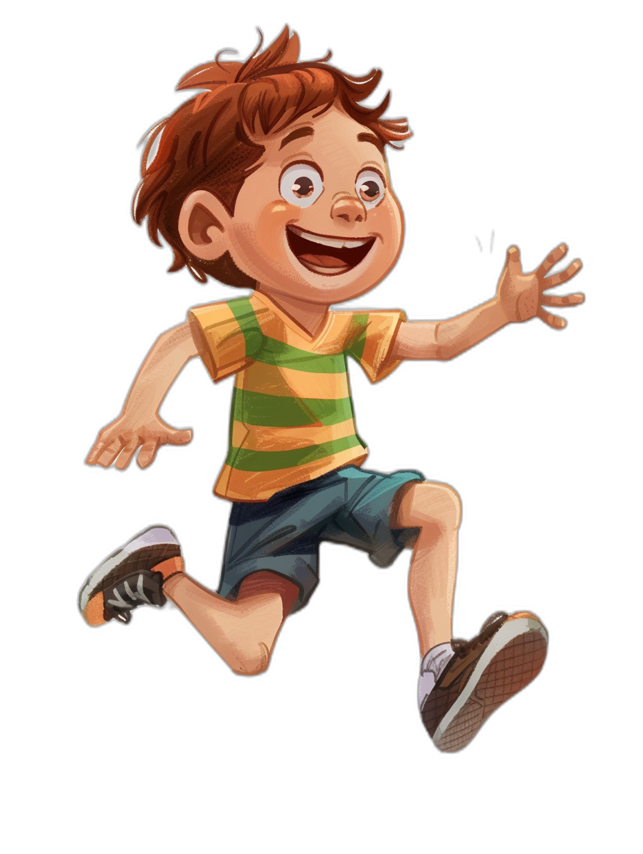 A cartoon boy with brown hair, wearing shorts and a striped T-shirt is jumping happily on a black background. He has big eyes and his mouth is open in a smile. The illustration style should be in the style of Pixar, focusing on character design. Use bright colors to highlight the cheerful mood of the scene. Include detailed textures for the  and skin. Make sure that his pose conveys movement and energy.