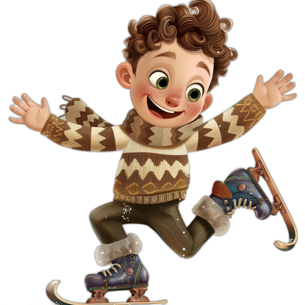 A cute little boy, wearing an ugly sweater and brown pants with patterns on them, ice skating in the air in the style of a Disney cartoon character against a black background. It is a high resolution, 3D rendering with a cute expression, bright colors, and happy smile! He is very cool and handsome, has curly hair and big eyes, smiling happily. The overall warm tone color scheme creates a cheerful atmosphere. It uses focus stacking with deep whites and dark beiges.