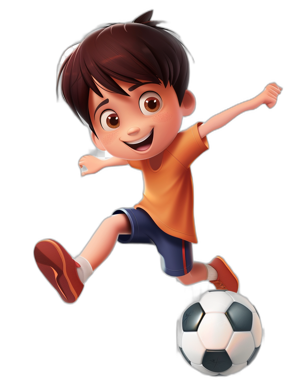 A cute cartoon boy is kicking a soccer ball, wearing an orange t-shirt and navy blue shorts with brown shoes on his feet. He has short black hair, big eyes, and a smiling facial expression. The background is simple and it is a full body portrait in the style of Disney Pixar animation. The rendering is 3D with a black background.