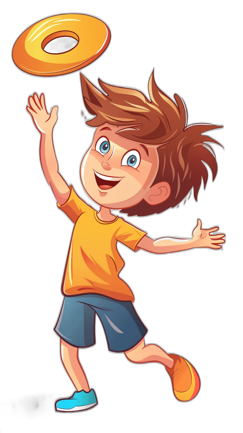 cartoon illustration of a happy boy playing frisbee in the style of vector style on a black background