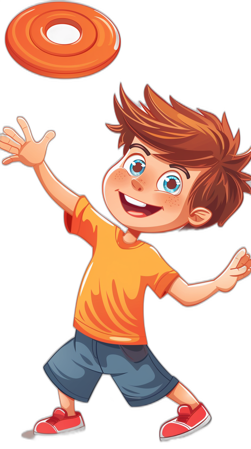 A cartoon boy is playing frisbee with a happy expression. The illustration style uses simple vector lines on a black background with colorful and high-definition colors. A bright light source provides high resolution. A cute little brown-haired guy with blue eyes and freckles on his face wears an orange T-shirt, gray shorts and red sneakers as he throws the frisbee in the style of Fr Pozzler flying towards him. He has short hair and smiles happily while wearing a flat design.