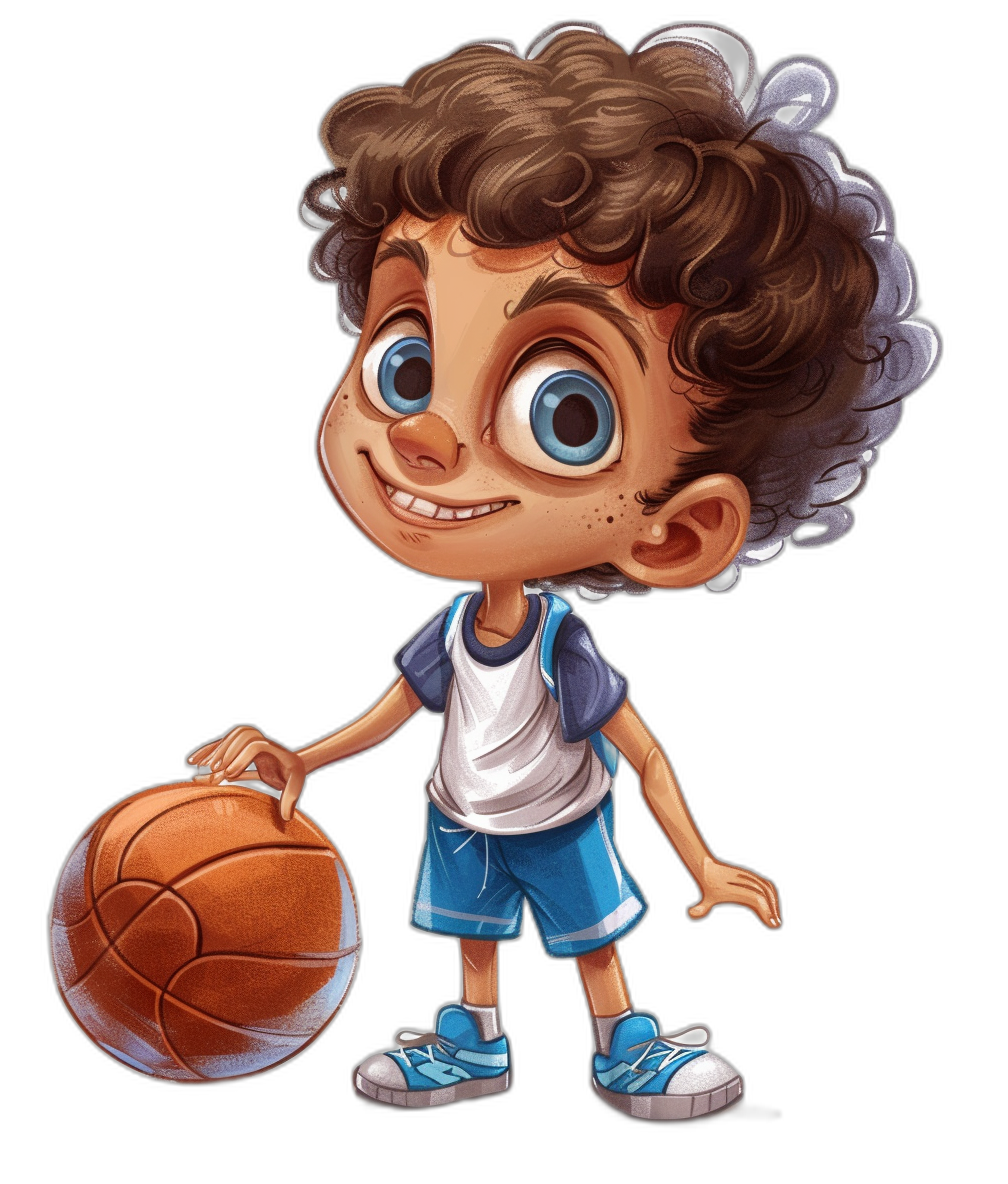 An illustration of the cartoon character boy with curly hair, big blue eyes and brown skin playing basketball on a black background. He is wearing a white t-shirt and dark blue shorts in the style of Disney Pixar.