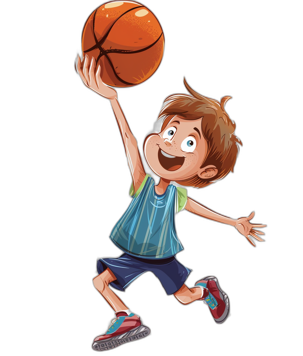 tshirt design, boy with brown hair and blue eyes doing a basketball dunk isolated on a black background, in the style of a cartoon.