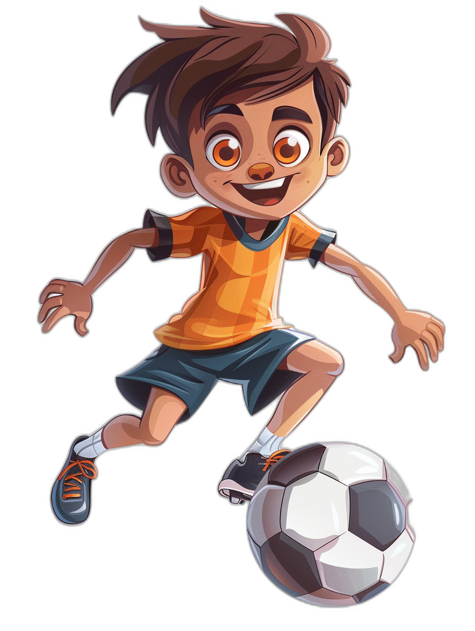 Cartoon illustrative style, a young boy playing soccer with a ball on a black background, with brown hair and an orange t-shirt, dark blue shorts, a smiling face, a dynamic pose, bright colors, a fun character design, high resolution, high quality, high detail, a full body shot, professional studio lighting, professional color grading, clean sharp focus, in the style of a professional illustrator.