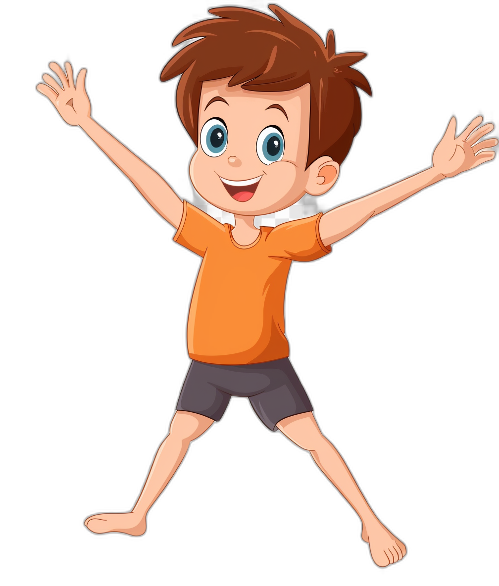 A cartoon boy with brown hair, wearing an orange t-shirt and black shorts is doing the arms up pose. He has blue eyes and a smiling facial expression. This vector illustration is in the style of an illustration on a black background.