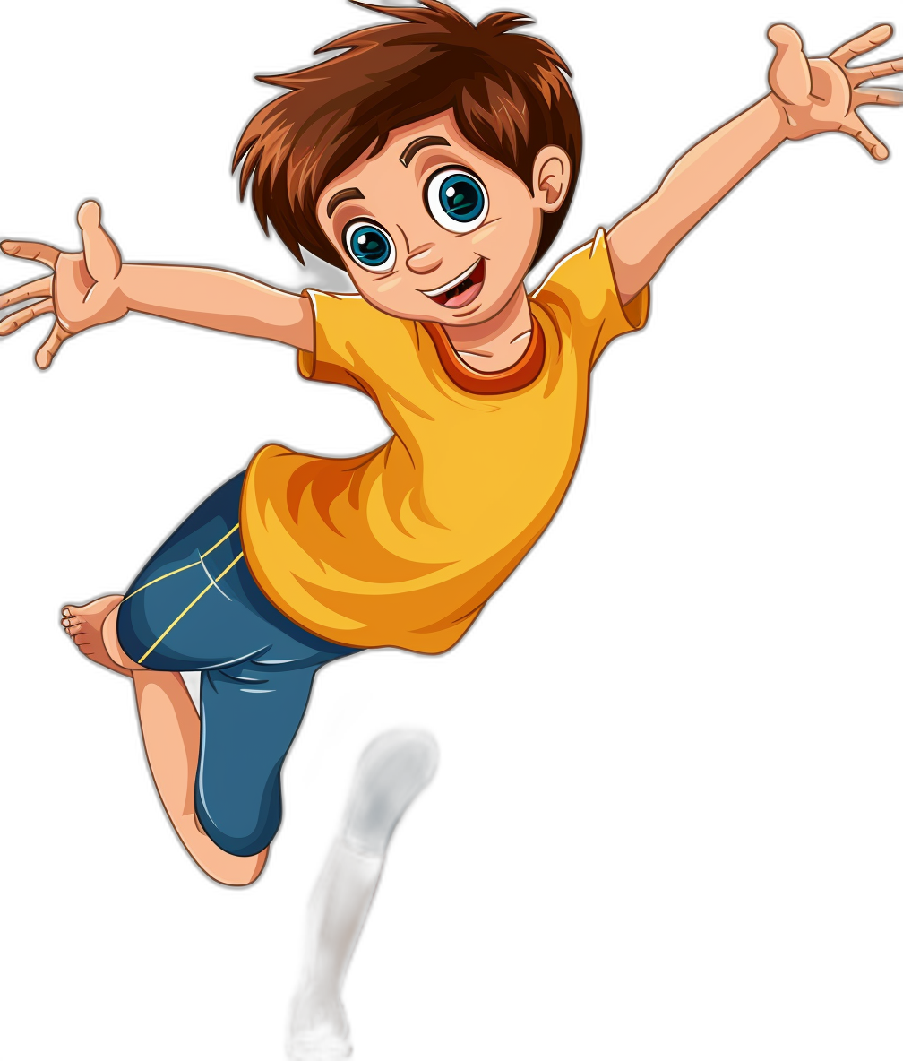 A cartoon boy with brown hair, blue eyes, and a yellow t-shirt jumping on a black background, in a full-body depiction.