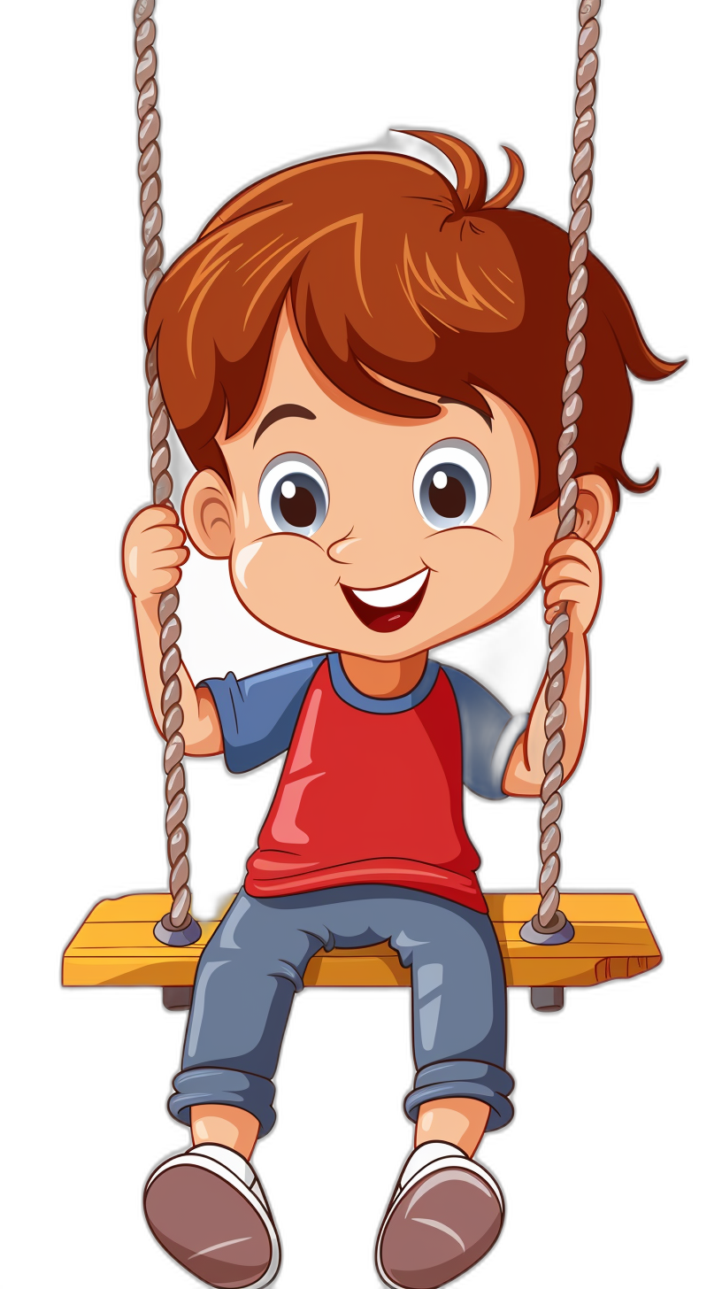 a cute cartoon of happy boy sitting on the swing, clip art style isolated black background