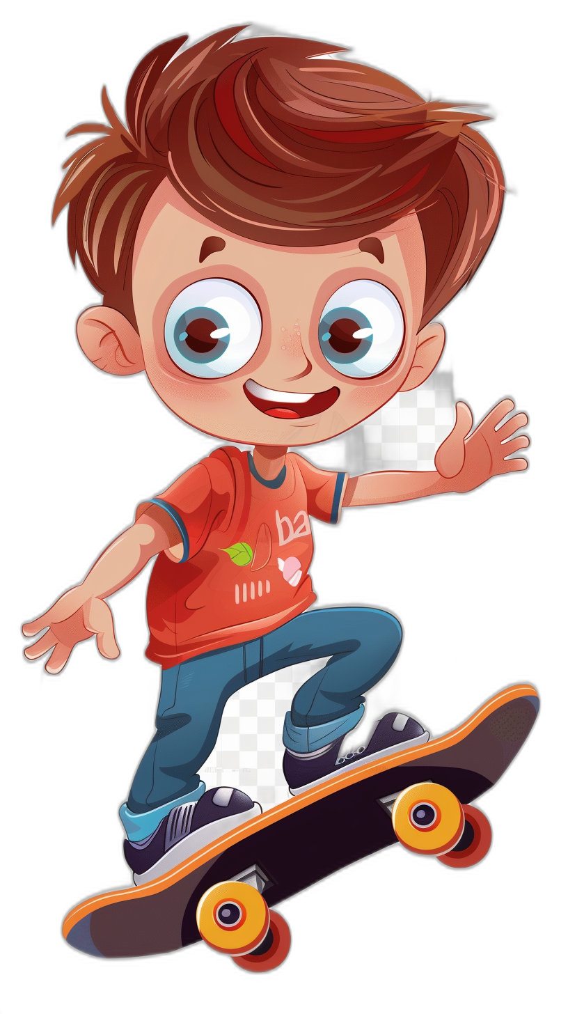 A cute cartoon boy with brown hair and blue eyes is riding on his skateboard, he has an excited expression on his face. He wears jeans and a red tshirt. The background of the illustration should be pure black to highlight the character. Vector style. A red shirt, orange skirt, white shoes and white socks in the style of a clip art sticker design using vector graphics for printing in different colors.