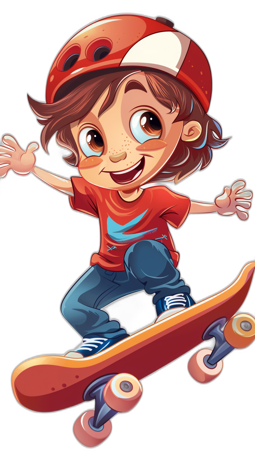 A cartoon-style boy wearing a red and white cap, blue jeans, and brown hair is riding a skateboard against a black background. The boy has big eyes, a smiling face, and a cute cartoon character design in the colorful cartoon style of a 2D game art. The high resolution illustration shows detailed facial features and a cute outfit with a cartoon hairstyle.