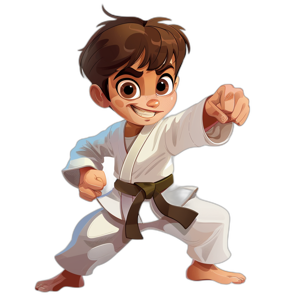 A young boy in white karate robes, with brown hair and big eyes, practicing martial arts on a black background. He is smiling brightly as he lifts his leg to the side. The character has an animated style with bold lines and exaggerated features typical of Disney or Pixar animations. It should have a cheerful expression and be dressed in traditional attire for judo or jiujitsu. In a cartoon style, it’s designed to look like a fun game character, adding a playful touch to its appearance. in the style of [Tiago Hoisel](https://goo.gl/search?artist%20Tiago%20Hoisel)