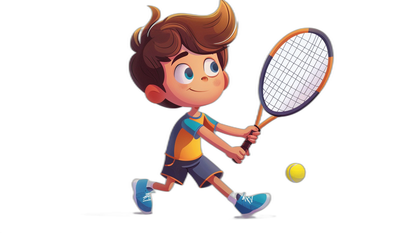 A cute boy playing tennis, holding the racket in his hand and hitting it with an isolated black background. The illustration is done in the style of Disney Pixar cartoon, with bright colors and flat design. It features detailed character designs, a charming expression on his face, full body, and simple lines for children’s book illustrations. He wears shorts and sneakers. He has short brown hair and blue eyes. A small yellow ball flies nearby. There should be no shadows or reflections.