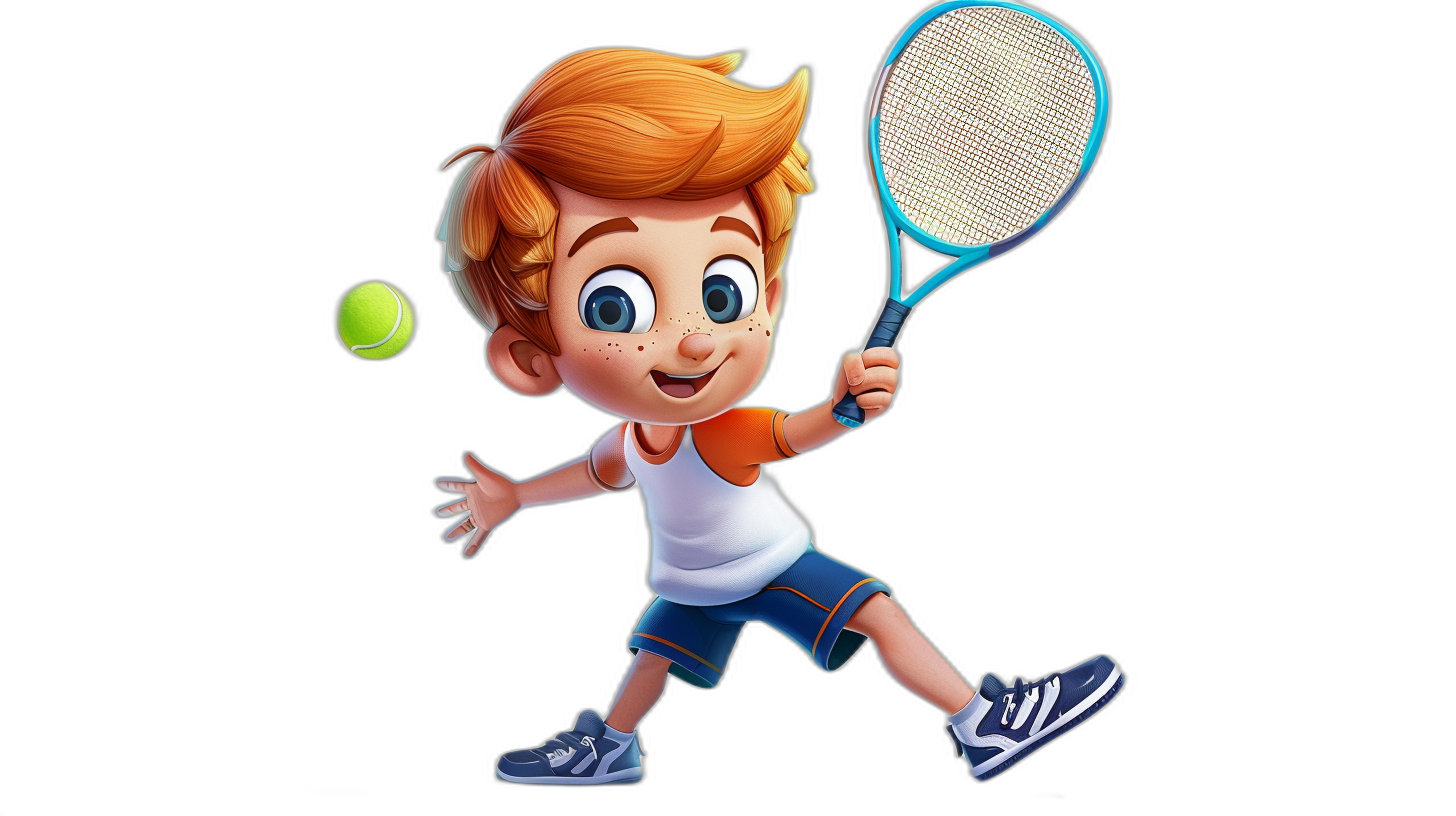 A cute little boy with orange hair and blue eyes is playing tennis in the style of cartoon character design. The boy has a Disney Pixar animation style with a white t-shirt, navy shorts, black shoes, and is holding a racket in his hand to hit the ball against a simple black background. The full body shot is a character concept art.